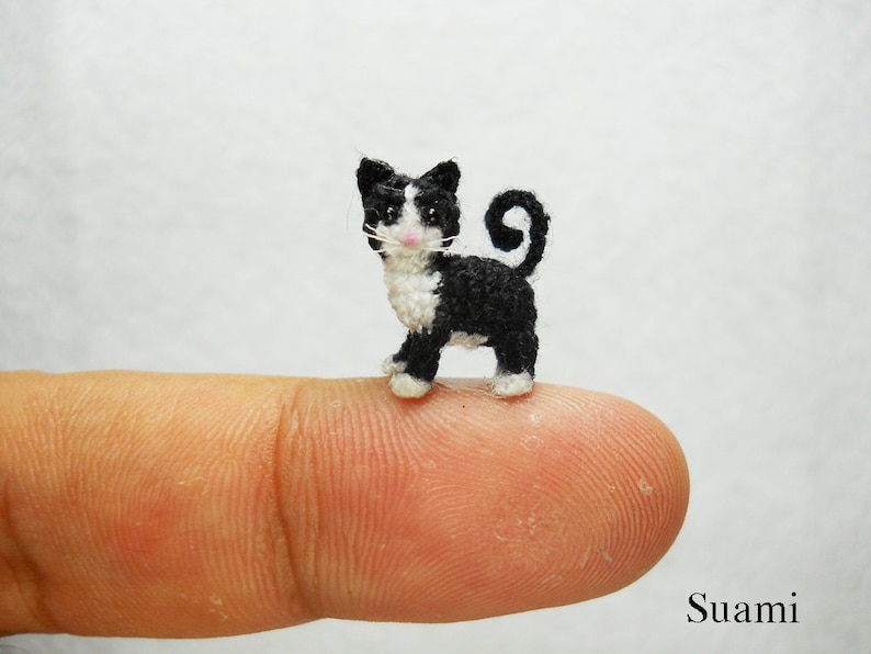 0.5 Inch Tuxedo Cat Kitten Micro Amigurumi White Black Cat Stuffed Animal Made to Order image 1