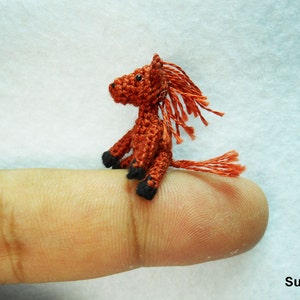 Miniature Chestnut Horse - Micro Dollhouse Miniature Thread Crochet Tiny Stuff Animal - Made To Order