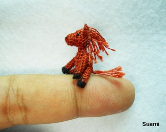 Miniature Chestnut Horse - Micro Dollhouse Miniature Thread Crochet Tiny Stuff Animal - Made To Order