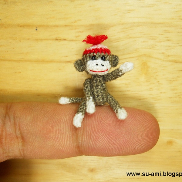 Special reserved for Karen - Miniature Sock Monkey With Hat - Micro Thread Crochet Animals - 1 Inch Scale Grey Sock Monkey - Made to Order