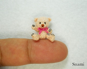 Miniature Creme Mohair Bear - Micro Crocheted  Bears 0.8 Inch Scale with Pink Bow - Made To Order