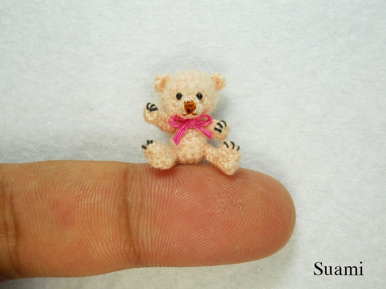 Miniature Creme Mohair Bear Micro Crocheted Bears 0.8 Inch Scale with Pink Bow Made To Order image 1