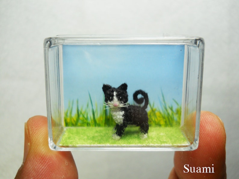 0.5 Inch Tuxedo Cat Kitten Micro Amigurumi White Black Cat Stuffed Animal Made to Order image 5