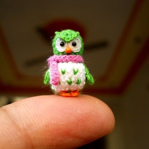 Green Owl Pink Scarf Micro Crochet Miniature Bird Made To Order image 1