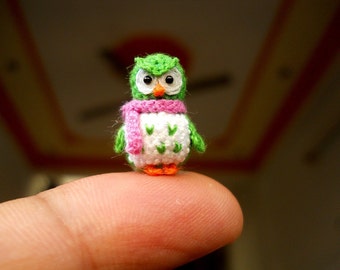 Green Owl Pink Scarf - Micro Crochet Miniature Bird - Made To Order