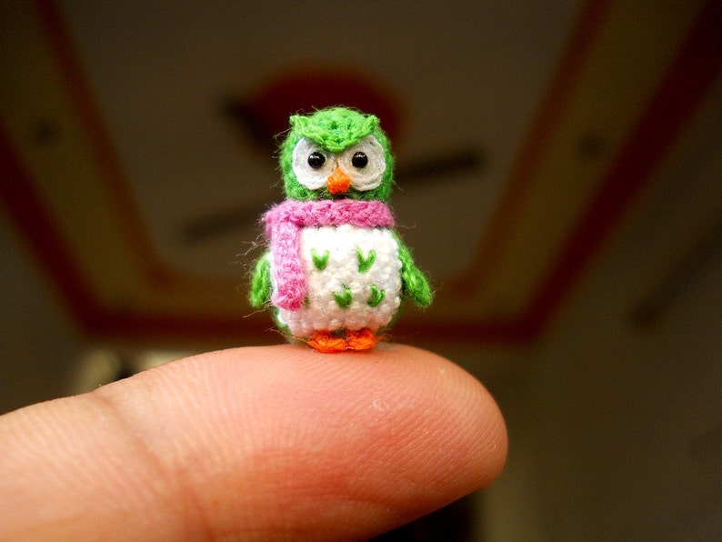 Green Owl Pink Scarf Micro Crochet Miniature Bird Made To Order image 1