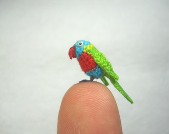 Mini Parrot in Dome - Red Green Blue - Micro Amigurumi Miniature Crochet Bird Stuffed Animal - Made To Order