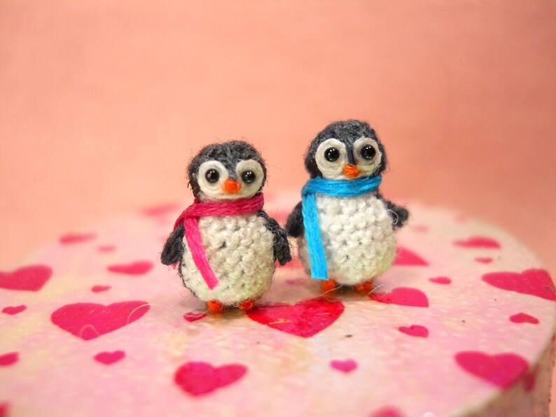 Penguin Couple Tiny Doll Miniature Amigurumi Stuffed Animal Toy Set of Two Penguins Made To Order image 2