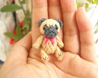 Mini Crochet Fawn Pug Dog  - Teeny Tiny Dollhouse Miniature Pet - Made To Order