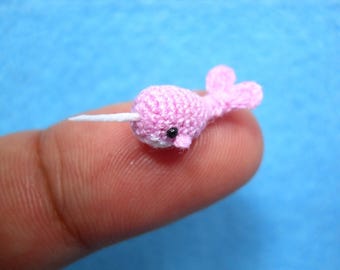 Micro Mini Pink Narwhal - Miniature Crochet Whale Stuffed Animal - Made to Order