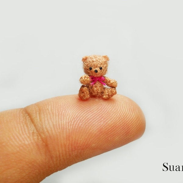 0.4 inch Crochet Micro Bear  - Tiny Amigurumi Miniature Teddy Mohair Bear Pink Bow - Made To Order