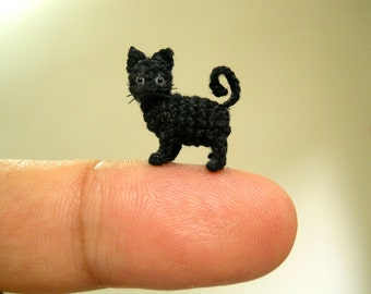 Miniature Black Cat 1/2 Inch - Micro Mini Amigurumi Crochet Cat Kitten - Made to Order