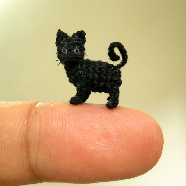 Miniature Black Cat 1/2 Inch - Micro Mini Amigurumi Crochet Cat Kitten - Made to Order