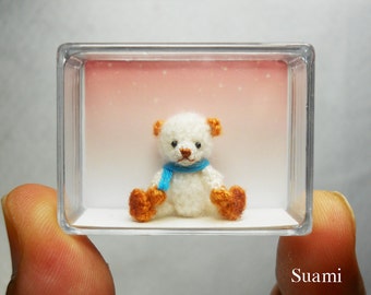 Cute Teddy Mohair Bear - Tiny Crocheted  Bears 0.8 Inch Scale Blue Scarf - Made To Order