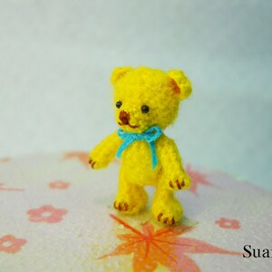 Miniature Mohair Bear 0.8 inch Tiny Amigurumi Crochet Yellow Teddy Bear Blue Bow Made To Order image 2