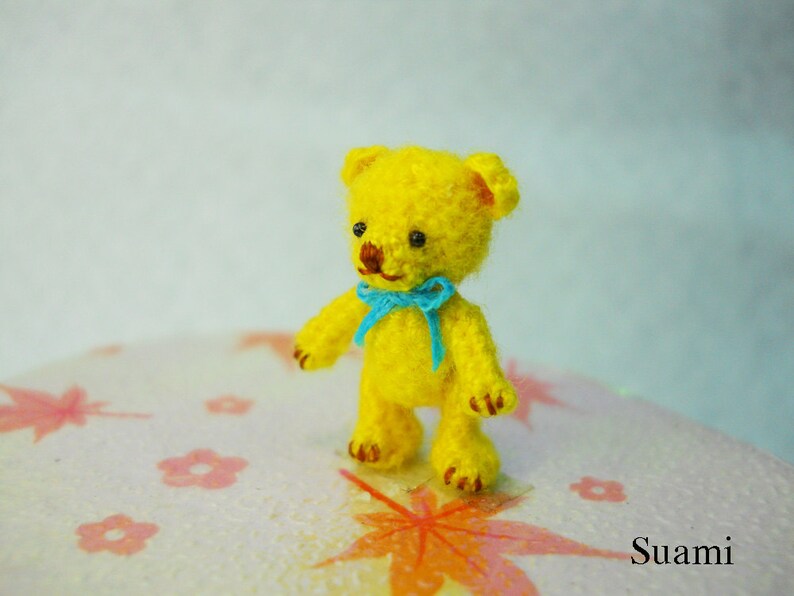 Miniature Mohair Bear 0.8 inch Tiny Amigurumi Crochet Yellow Teddy Bear Blue Bow Made To Order image 2