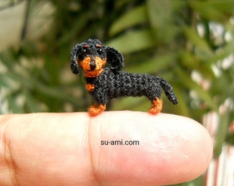 1 Inch Dachshund Sausage Dog Amigurumi - Tiny Crochet Miniature Black Tan Dachshund - Made To Order