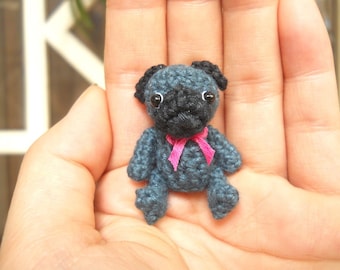 Mini Crochet Black Pug Dog - Teeny Tiny Dollhouse Miniature Pet - Made To Order