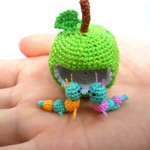 Miniature Worms and Apple, Micro Crochet Valentine Worm Couple Made To Order image 3