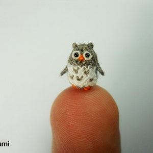 Miniature Crochet Owl - Micro Mini Amigurumi Grey Owl - Made To Order