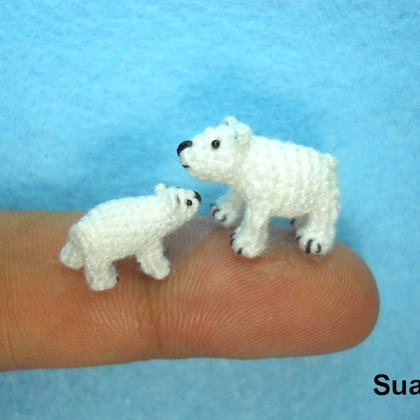 Micro Polar Bears  - Tiny Crochet Miniature White Bear - Set of Two Arctic Polar Bears - Made To Order