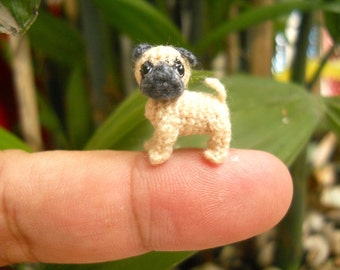 Micro Miniature Tan Pug Dog - Teeny Tiny Dollhouse Miniature Pet - Thread Crochet Animals - Made To Order
