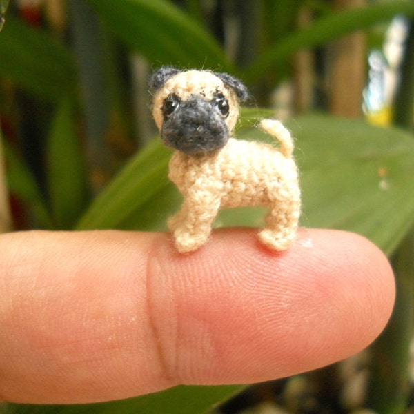 Micro Miniature Tan Pug Dog - Teeny Tiny Dollhouse Miniature Pet - Thread Crochet Animals - Made To Order