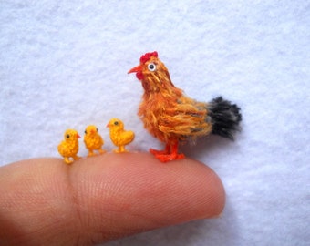 Hen And Yellow Chicks  - Micro Crocheted Chicken Family - Made To Order