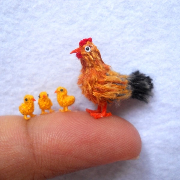 Poule et poussins jaunes - Famille de poulet micro crocheté - Fait sur commande