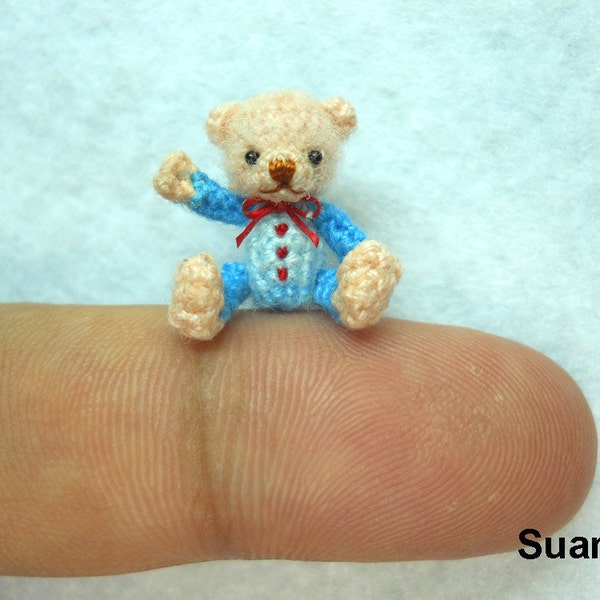 Cute Creme Bear Blue Dress Pink Bow - Micro Miniature Crocheted Teddy Bears - Made To Order