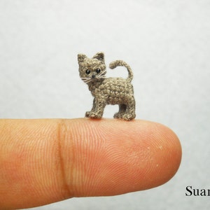 Micro Miniature Grey Cat Kitten - Mini Tiny Crochet Cat Amigurumi Animal Doll - Made to Order