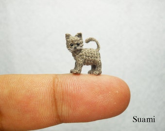 Micro Miniature Grey Cat Kitten - Mini Tiny Crochet Cat Amigurumi Animal Doll - Made to Order