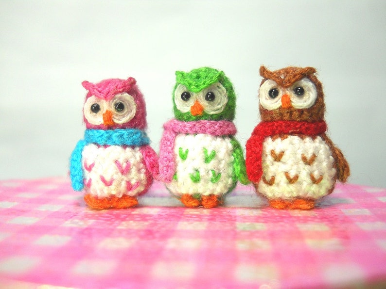 Three Micro Mini Owls Tiny Amigurumi Crochet Miniature Owl Plush Made To Order image 2