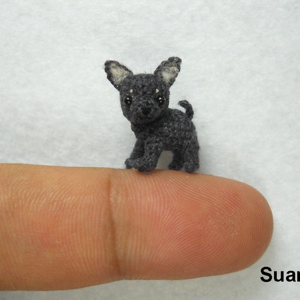 Micro Black Gray Chihuahua Dog - Tiny Crochet Dollhouse Miniature Pet - Made to Order