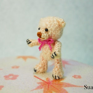 Miniature Creme Mohair Bear Micro Crocheted Bears 0.8 Inch Scale with Pink Bow Made To Order image 2