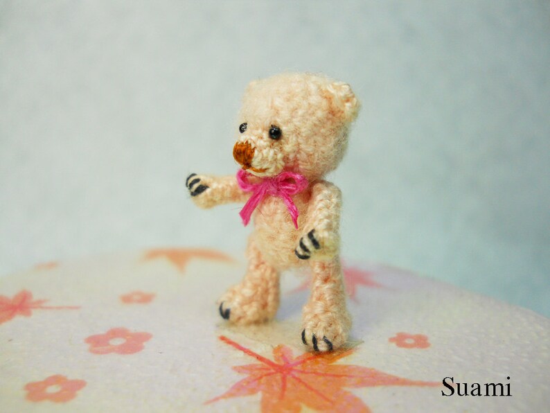 Miniature Creme Mohair Bear Micro Crocheted Bears 0.8 Inch Scale with Pink Bow Made To Order image 2