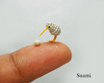 Micro Grey Kiwi With Egg -  Tiny  Crochet Miniature Kiwi Bird  - Made To Order