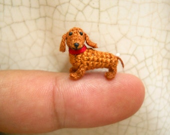 0.6 Inch Brown Dachshund - Micro Mini Crochet Dog Stuffed Animal - Made To Order