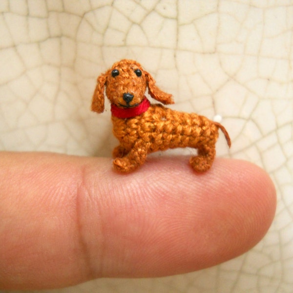 0.6 Inch Brown Dachshund - Micro Mini Crochet Dog Stuffed Animal - Made To Order