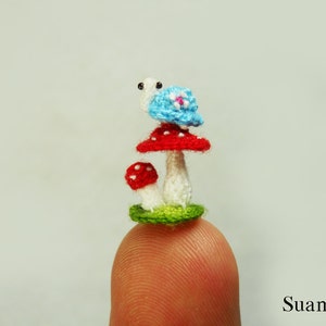 Micro Blue Turtle Red Mushroom - Tiny Crochet Miniature Tortoise - Made To Order