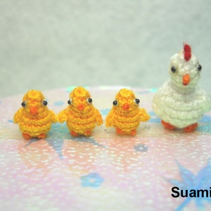 White Hen And Yellow Chicks Micro Crochet Amigurumi Chickens Set of Four Chickens Made To Order image 2