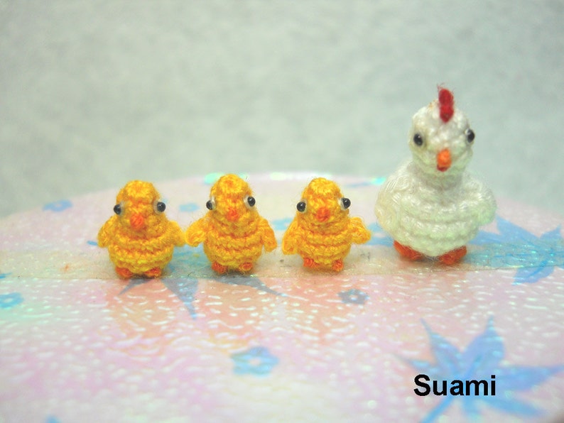 White Hen And Yellow Chicks Micro Crochet Amigurumi Chickens Set of Four Chickens Made To Order image 2