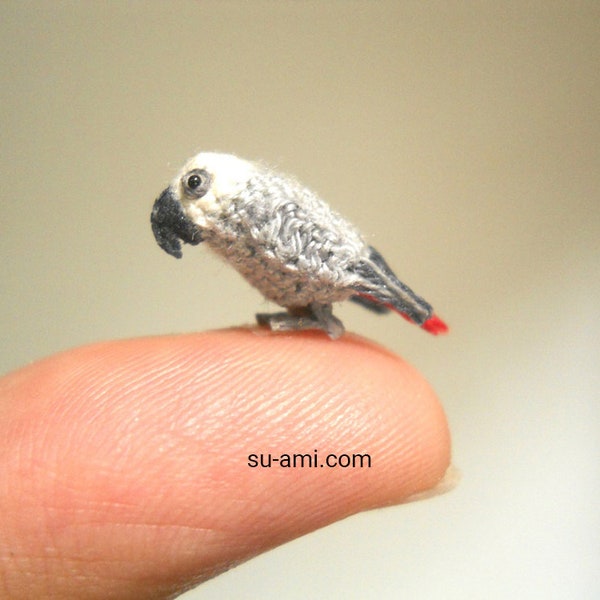 African Grey Parrot in Dome - Micro Amigurumi Miniature Crochet Bird Stuffed Animal - Made To Order