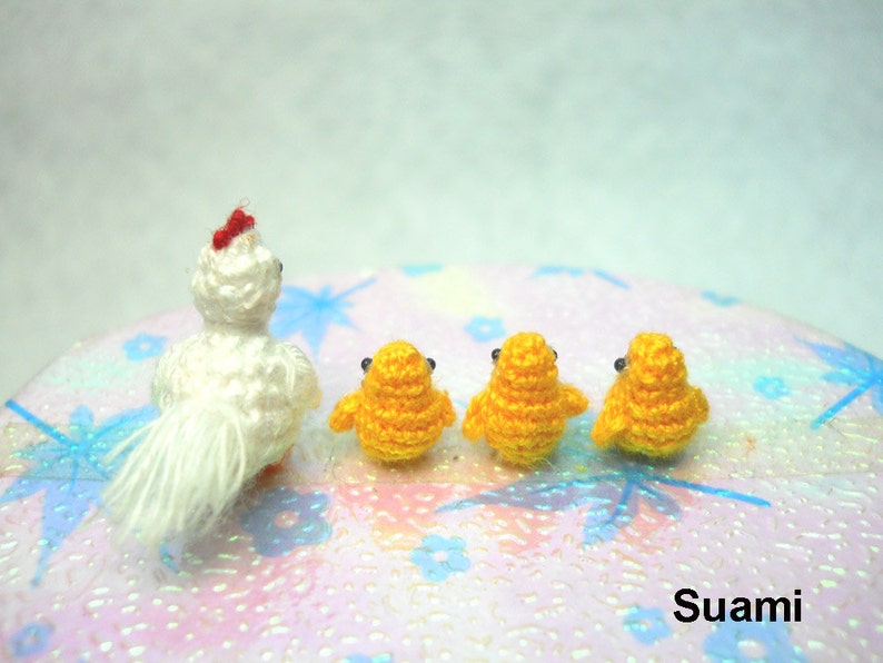 White Hen And Yellow Chicks Micro Crochet Amigurumi Chickens Set of Four Chickens Made To Order image 3