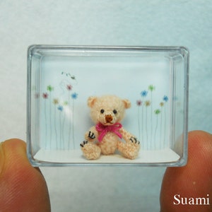Miniature Creme Mohair Bear Micro Crocheted Bears 0.8 Inch Scale with Pink Bow Made To Order image 5