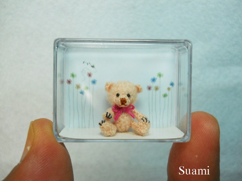 Miniature Creme Mohair Bear Micro Crocheted Bears 0.8 Inch Scale with Pink Bow Made To Order image 5