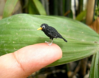 Miniature Blackbird - Micro Amigurumi Miniature Crochet Bird Stuffed Animal - Made To Order