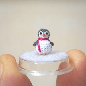 Micro Penguin in Dome - Dollhouse Miniature Crochet Tiny Stuffed Animal - Made To Order