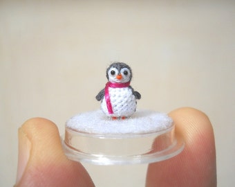 Micro Penguin in Dome - Dollhouse Miniature Crochet Tiny Stuffed Animal - Made To Order