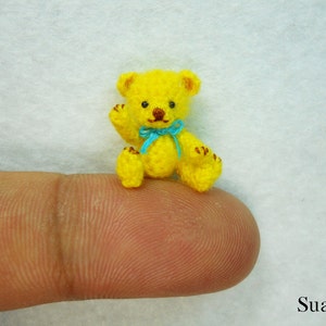 Miniature Mohair Bear 0.8 inch Tiny Amigurumi Crochet Yellow Teddy Bear Blue Bow Made To Order image 1